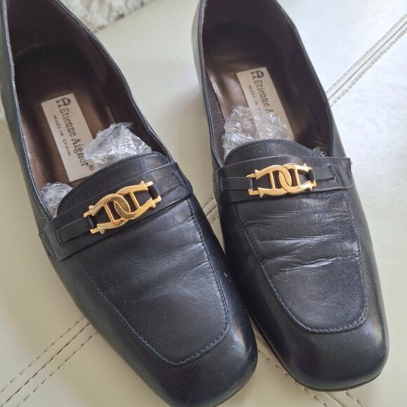 Etienne Aigner Valentine Loafers Vintage Slip Ons Logo Buckle Navy - Picture 4 of 10